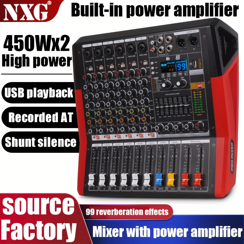 Amplificador Estéreo de Alta Potencia NXG TF-600D 450W con USB/Inalámbrico, Fuente de Alimentación Fantasma de 48V - Ideal para Subwoofers y Altavoces, Rojo con Acentos Negros, Amplificador de Potencia Incorporado