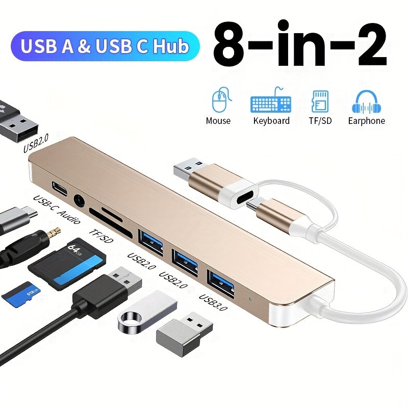 Puente USB 8 en 1 con enchufe de audio, adecuado para tabletas adaptador multi puerto, alimentado por USB, tensión de funcionamiento de 5V, compatible con tabletas