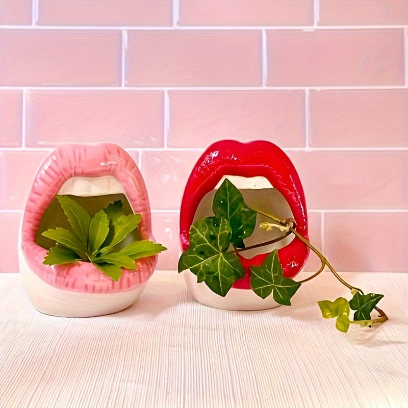 1 maceta con forma de labios de resina, estilo contemporáneo, multifuncional, decorativa para sala de estar, pieza de arte con diseño de labios, maceta liviana para interiores y exteriores