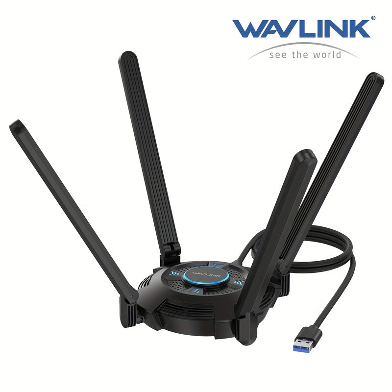 Adaptador USB WiFi 6 WAVLINK AX5400 para PC de escritorio, Adaptador inalámbrico USB WAVLINK con Tri-Banda 6GHz/2402mbps, 5GHz/2402mbps, 2.4GHz/571mbps, 4x5 antenas dBi, OFMASU, WPA3, Dongle WiFi USB para Windows 11/10 SOLO WN695X2