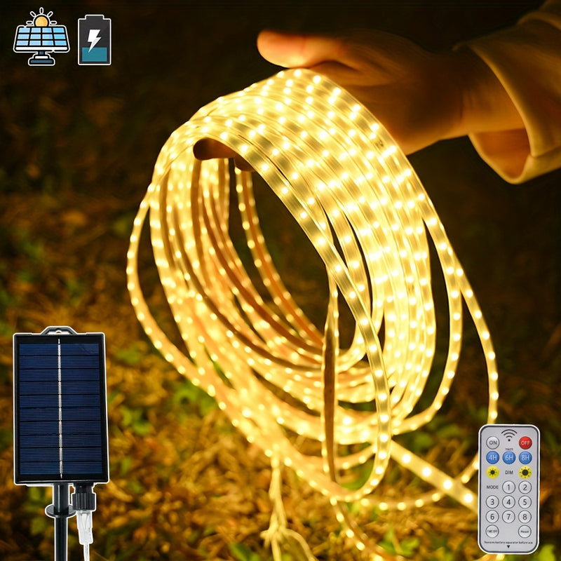 Luces LED solares para exteriores, control remoto, 8 modos de iluminación y 3 funciones de temporizador. Cuerdas luminosas ideales para jardín, camping, pasillos, balcón, escaleras, fiestas, Halloween y decoraciones navideñas