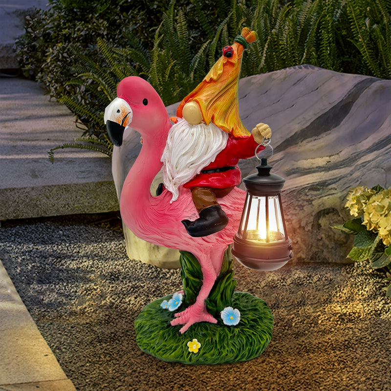 1pc Estatua de jardín de resina de flamenco con energía solar para Navidad con farol, decoración exterior de bajo consumo, control de conmutador, con batería de níquel de 80mAh, para exhibición festiva en interiores