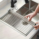 1 pieza, estante de secado de platos de acero inoxidable enrollable - sobre el fregadero, estante de drenaje multifuncional con ranuras de circulación de aire, diseño portátil y ahorrador de espacio para fregadero de cocina, secado eficiente y organizaci