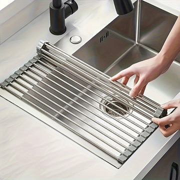 1 pieza, estante de secado de platos de acero inoxidable enrollable - sobre el fregadero, estante de drenaje multifuncional con ranuras de circulación de aire, diseño portátil y ahorrador de espacio para fregadero de cocina, secado eficiente y organizaci