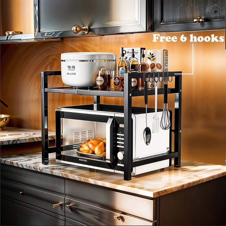 Estante expandible para microondas con 6 ganchos, repisa retráctil negra de metal con ganchos, soporte ajustable para panera y ollas, organizador de cocina para tostadora