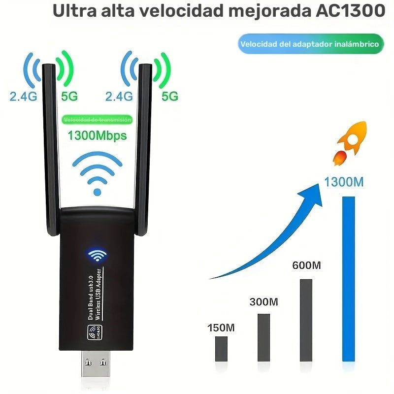 Adaptador WiFi USB AC1300Mbps de doble banda - Antena de alta ganancia de 5Dbi, Plug and Play, Compatible con Windows/Mac, Soporta redes 2.4G/5G, Control de aplicaciones, Modo de alimentación USB, Tensión de funcionamiento ≤36V, Conexión inalámbrica 2.4G