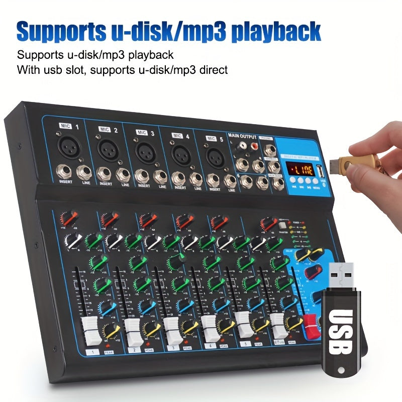 Mezclador DJ Portátil USB GH7 - Consola de Sonido de 7 Canales con Entrada MP3, Fuente de Alimentación de 48V para Grabación en Computadora, Negro