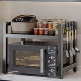 Estante expandible para microondas con 6 ganchos, repisa retráctil negra de metal con ganchos, soporte ajustable para panera y ollas, organizador de cocina para tostadora