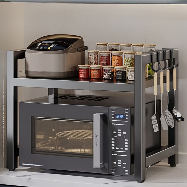 Estante expandible para microondas con 6 ganchos, repisa retráctil negra de metal con ganchos, soporte ajustable para panera y ollas, organizador de cocina para tostadora