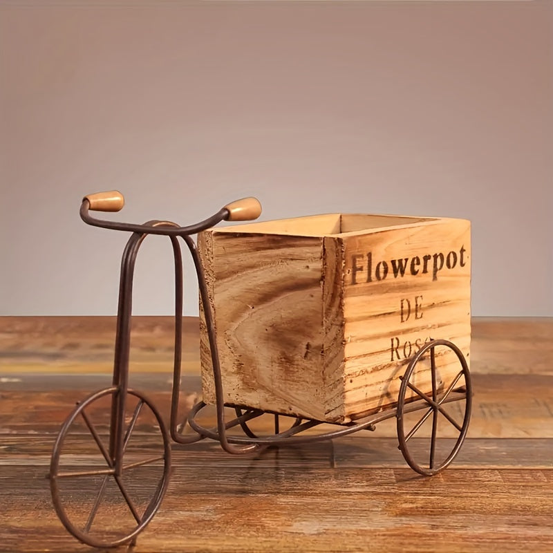 Soporte para Plantas de Triciclo de Madera Rústica Vintage - Encantador Soporte de Hierro para Macetas de Bicicleta para Decoración de Hogar y Oficina, Exhibición de Jardín Interior/Exterior Perfecta y Idea de Regalo Única para Fiestas