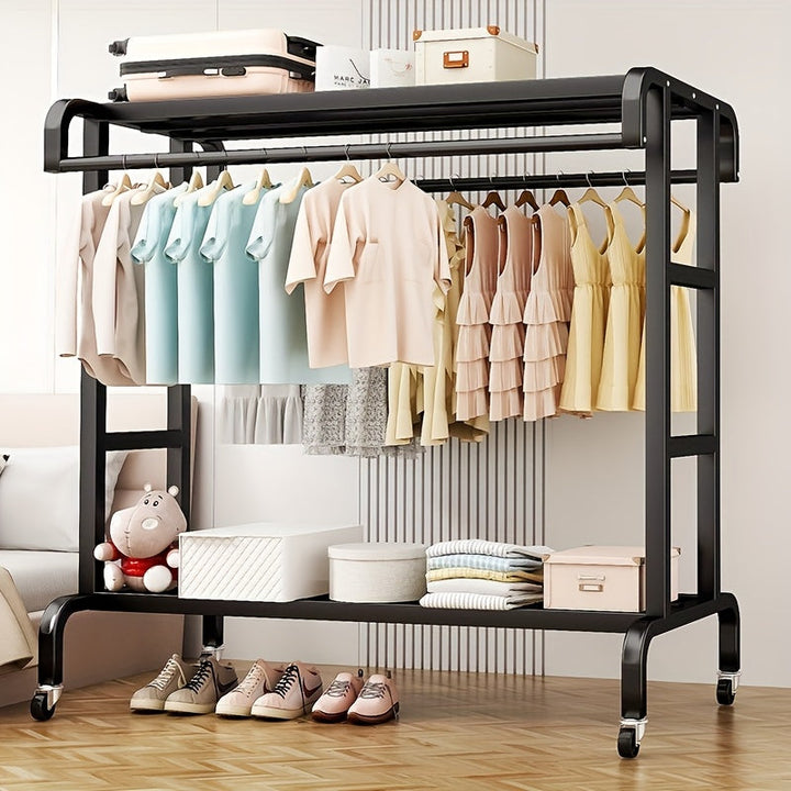 Perchero resistente con ruedas, estante de doble barra metálica negra robusto, perchero independiente con estantería y zapatero, ideal para colocar cajas, zapatos, botas, perfecto para dormitorios, hogares, oficinas, uso interior - , Secadores