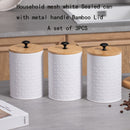 Juego de 3 contenedores metálicos herméticos, jarras de almacenamiento redondas blancas con tapas de bambú herméticas para encimeras de cocina, adecuadas para almacenar granos de café, té, bolsas de té, azúcar y granos - Reutilizables