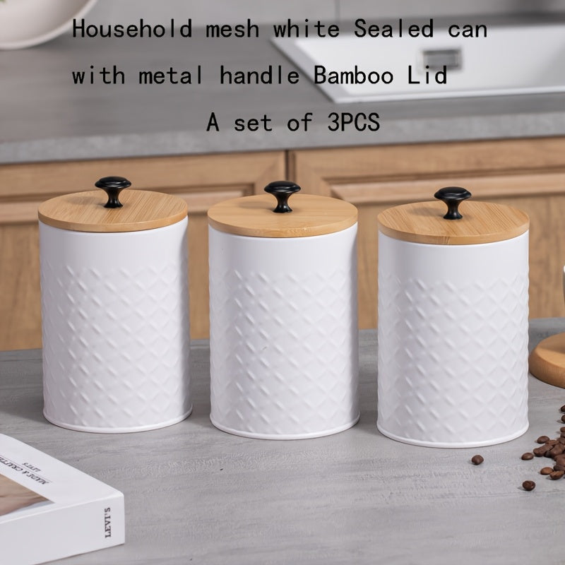 Juego de 3 contenedores metálicos herméticos, jarras de almacenamiento redondas blancas con tapas de bambú herméticas para encimeras de cocina, adecuadas para almacenar granos de café, té, bolsas de té, azúcar y granos - Reutilizables