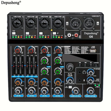 Mezclador de audio USB profesional Depusheng de 4/6 canales con iluminación RGB, consola de sonido, grabación para PC, entradas XLR y RCA para streaming, karaoke, fiestas, estudio en casa - material ABS, no requiere batería, configuración de grabación, a