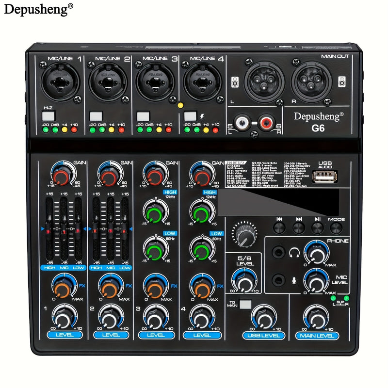 Mezclador de audio USB profesional Depusheng de 4/6 canales con iluminación RGB, consola de sonido, grabación para PC, entradas XLR y RCA para streaming, karaoke, fiestas, estudio en casa - material ABS, no requiere batería, configuración de grabación, a