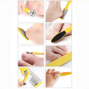 Juego de pedicura profesional de 9 piezas: juego de cuidado de pies de acero inoxidable con eliminador, raspador de talón y dedo - Amarillo