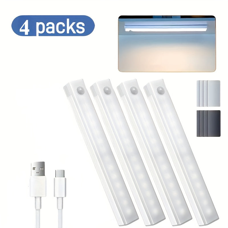 Juego de 4 luces LED con sensor, recargables por USB, sin necesidad de instalación, ideales para pasillos, cocinas, escaleras, dormitorios y como luces nocturnas para el hogar