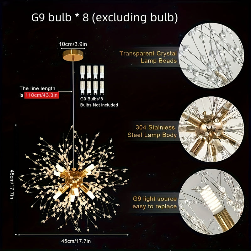 1 lámpara de cristal dorado de lujo, diseño moderno de diente de león, cable ajustable para suspensión, estructura metálica, ideal para sala, comedor, dormitorio o cocina, incluye 8 cabezales G9 (bombillas no incluidas, compradas por separado)