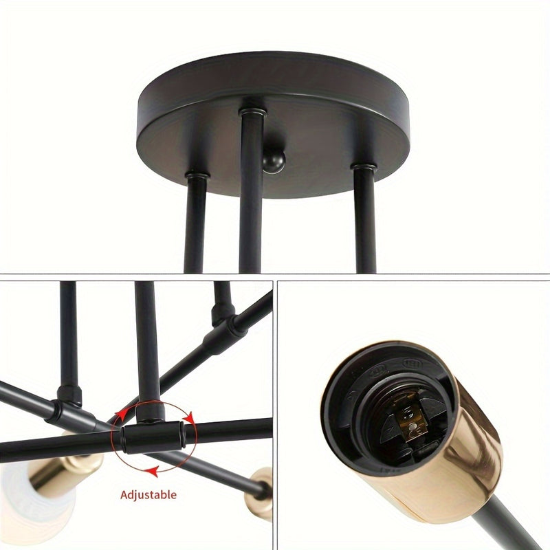 1 pieza de moderno satélite industrial, 6 cabezas, semi-revestido, con base de bombilla E27/E26, marco de metal y acabado negro/blanco/oro - Iluminación de decoración para el hogar, cocina, sala de estar, dormitorio, oficina, iluminación industrial, fijo