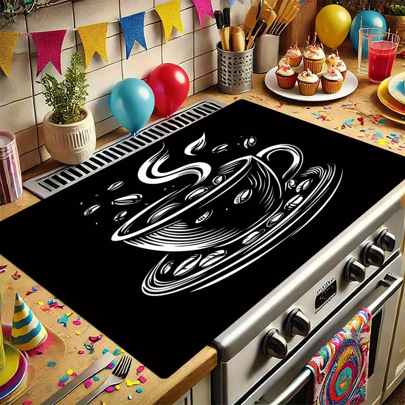Tapete Protector para Estufa de 1 Pieza con Diseño de Taza de Café - Estilo Boceto en Blanco y , Resistente al Calor y Antirrayas, Superficie Fácil de Limpiar Duradera, Ajustable a Todas las Encimeras de Cocina, Decoración Elegante para la Cocina, Protec