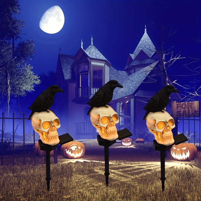Decoración Gótica de Halloween con Energía Solar - Lámpara Colgante o Independiente para Exterior/Interior con Calavera Brillante, Panel Solar Desmontable, Encendido/Apagado Automático, Sin Control Remoto - Iluminación Espeluznante para Patio, Jardín o F