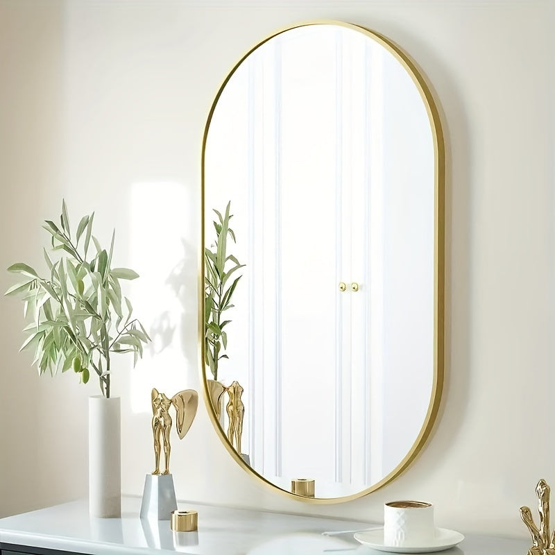 Espejo ovalado para baño de 60x40 cm, montado en la pared, marco de aluminio espacial, acabado cepillado, sin electricidad, espejo decorativo elegante para ducha y maquillaje, fácil instalación en superficies de vidrio - dorado/negro