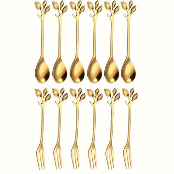 Juego de 12 cucharas doradas de acero inoxidable para café y postres, con decoración de hojas, superficie pulida y aptas para lavavajillas