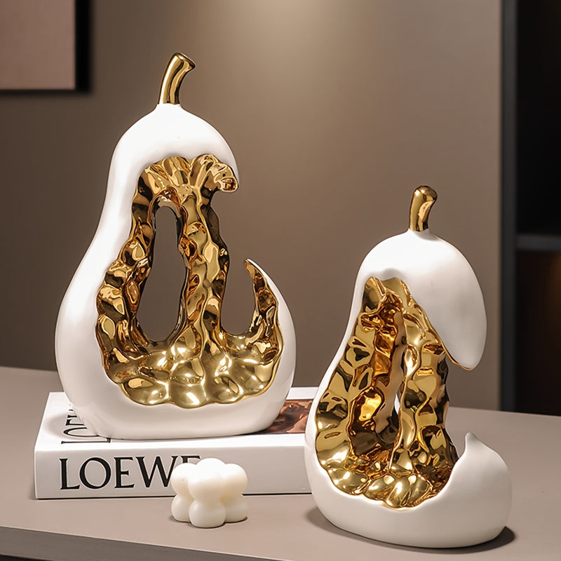 1 pieza de moderna escultura de pera de cerámica abstracta - Elegante adorno decorativo dorado y blanco para el hogar o la oficina, regalo perfecto para las vacaciones, exhibición en la mesa o el armario, decoración de oficina