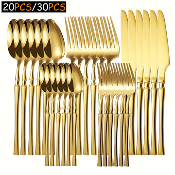 Juego de Vajilla de Acero Inoxidable para Cintura Pequeña de 20pcs/30pcs, Incluye Tenedores, Cucharas, Cucharas de Postre, Tenedores de Fruta y Cuchillos, Muy Adecuado para Cocina de Hogar, Restaurante, Hotel, Boda, Fiesta, Lavavajillas Dorado