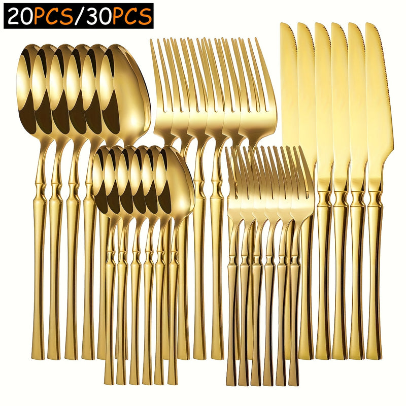 Juego de Vajilla de Acero Inoxidable para Cintura Pequeña de 20pcs/30pcs, Incluye Tenedores, Cucharas, Cucharas de Postre, Tenedores de Fruta y Cuchillos, Muy Adecuado para Cocina de Hogar, Restaurante, Hotel, Boda, Fiesta, Lavavajillas Dorado