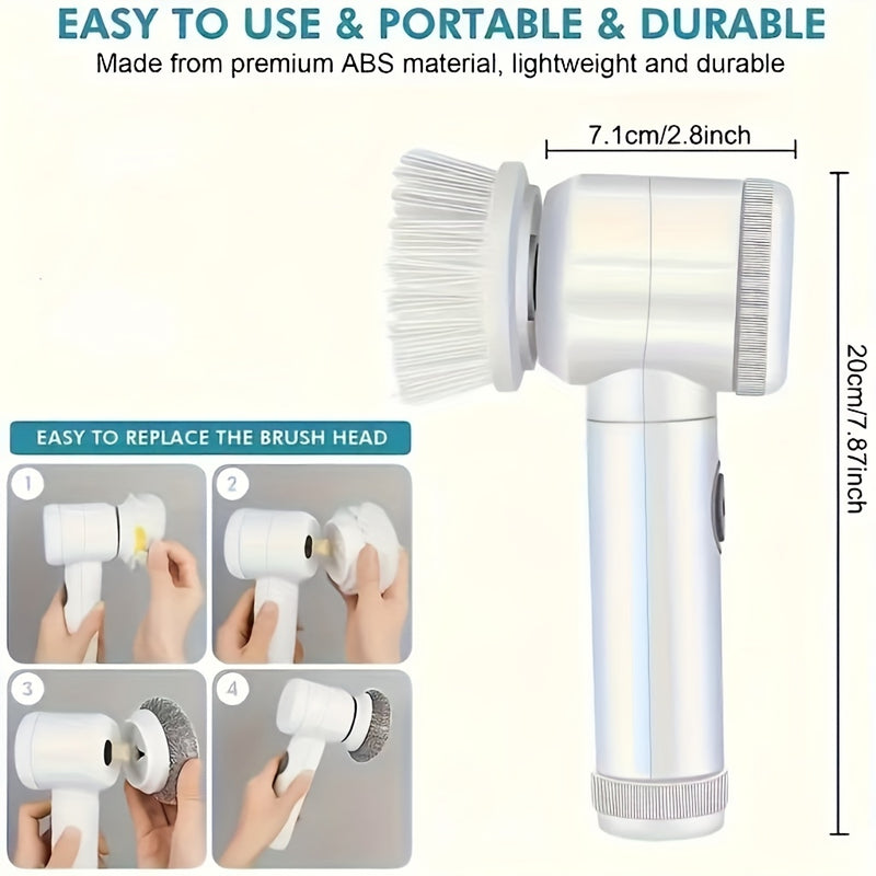 Cepillo giratorio 5 en 1 con 5 cabezas intercambiables - Cepillo de mano inalámbrico, limpiador de ducha y cocina recargable para baño, bañera, azulejos y ducha - Portátil, carga USB, batería de 500 mAh, cepillo de limpieza | Limpiador de cocina moderno