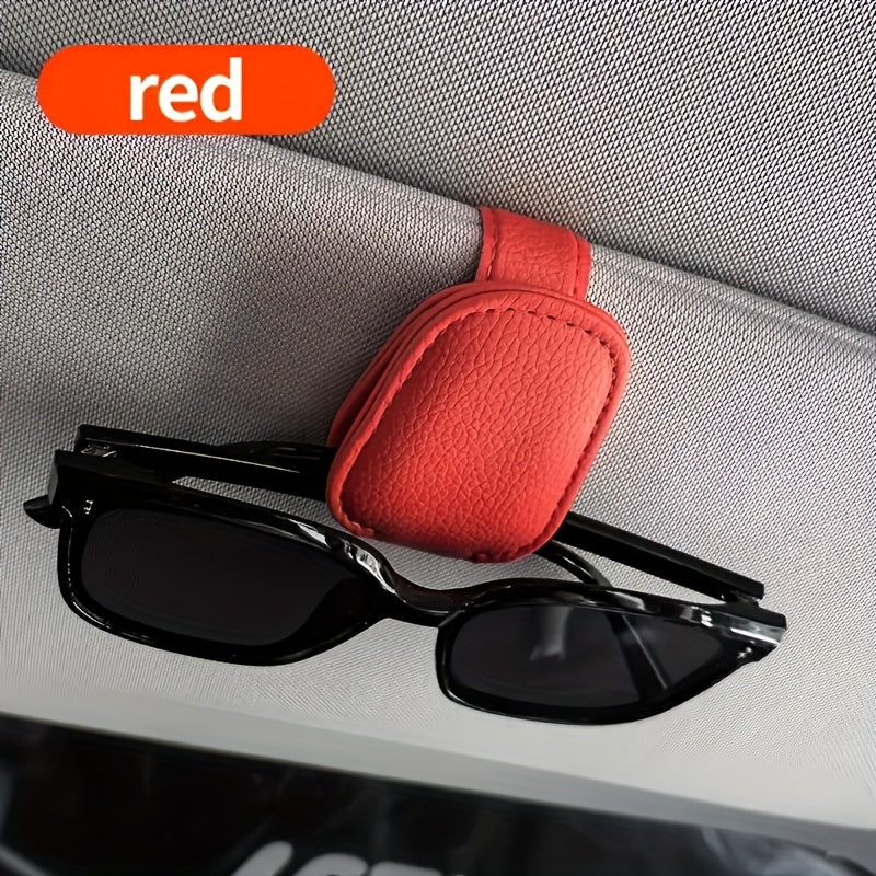 Soporte para gafas de visera de coche, gancho para gafas de cuero sintético, clip para tarjeta de boleto, ajuste firme automático, instalación fácil, accesorio de interior de coche elegante, regalo ideal para vacaciones.