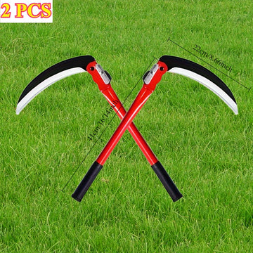 2-Pack Guadaña Plegable de Mango Largo - Herramienta Manual para Cosecha y Jardinería, Acero al Manganeso, Multifuncional para Trigo, Césped y Granja - Diseño Robusto, Hojas Metálicas Duraderas, Mango Ergonómico, Corte Afilado, Ideal para Jardineros Casu