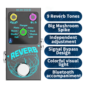 Pedal de Reverb Digital Negro 9-en-1 con Perillas Iluminadas - Incluye Flanger, Plate, Room, Studio, Hall, Tape Echo, Ducking, Chorus, Efectos Low-Fi - Decaimiento/Mix Ajustable, Acompañamiento Inalámbrico, Alimentación DC y Tipo-C, Gran Interruptor de P