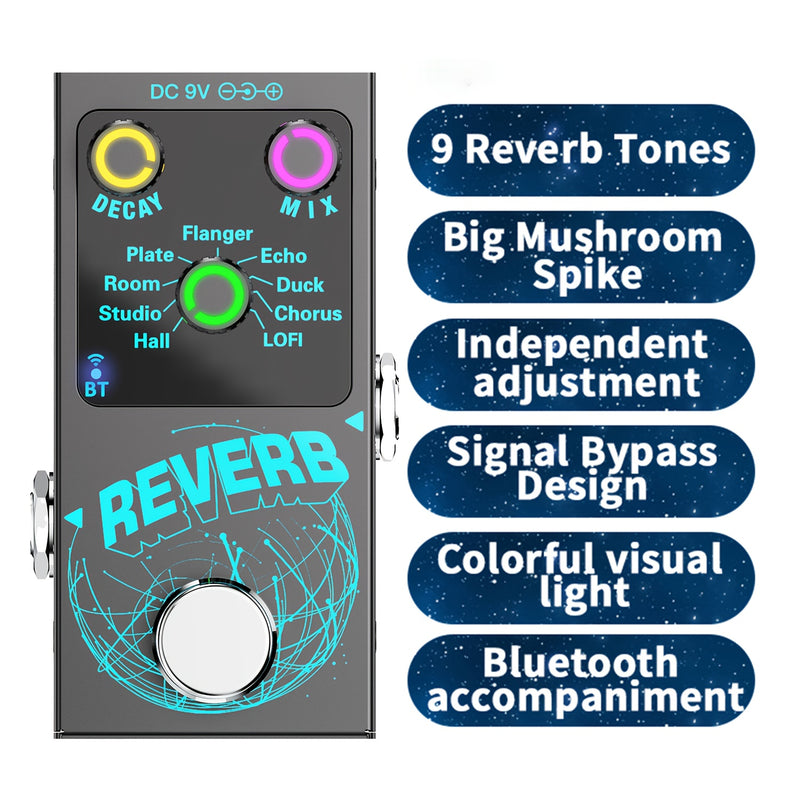 Pedal de Reverb Digital Negro 9-en-1 con Perillas Iluminadas - Incluye Flanger, Plate, Room, Studio, Hall, Tape Echo, Ducking, Chorus, Efectos Low-Fi - Decaimiento/Mix Ajustable, Acompañamiento Inalámbrico, Alimentación DC y Tipo-C, Gran Interruptor de P