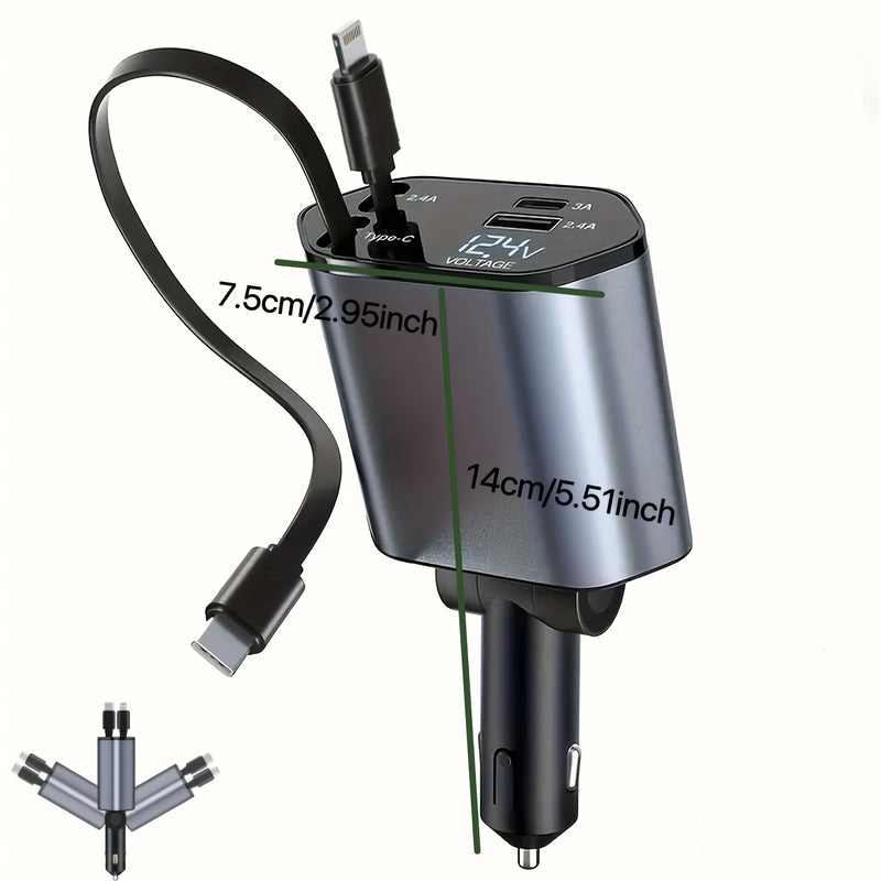 66W de Salida Máxima, Cargador Rápido para Auto con Cable Telescópico y 2 Puertos USB, Compatible con iPhone 15/15 Pro Max/14 Pro Max/13/12/11, Samsung, Xiaomi, Galaxy S23/22, Pixel