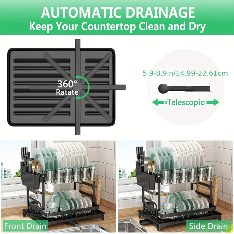 Estante de secado de platos de metal de 2 niveles con escurridor, estante de platos de cocina multifuncional con soporte para utensilios y tazas, ahorro de espacio, a prueba de óxido, negro