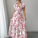 Elegante vestido de verano con estampado floral y cuello en V, con cinturón, de poliéster ligero, mangas cortas, falda de línea A y estilo suelto para mujeres, ideal para vacaciones o salidas informales, ropa para salidas informales | Vestido con estampa