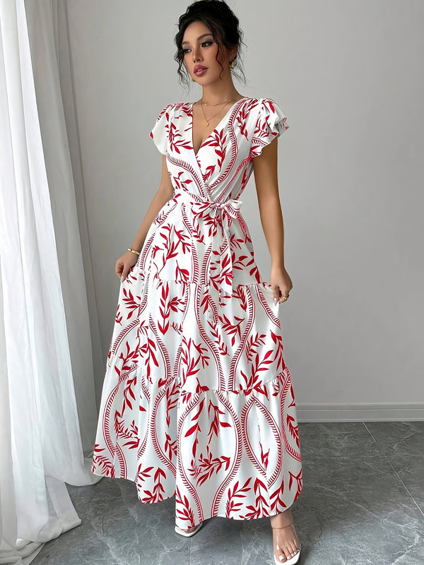 Elegante vestido de verano con estampado floral y cuello en V, con cinturón, de poliéster ligero, mangas cortas, falda de línea A y estilo suelto para mujeres, ideal para vacaciones o salidas informales, ropa para salidas informales | Vestido con estampa