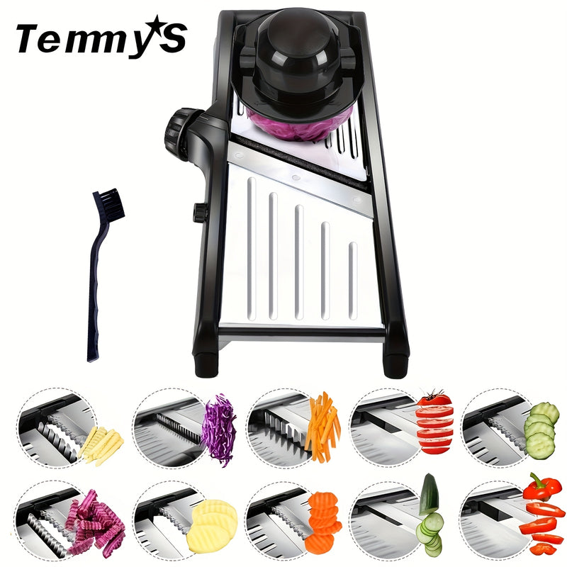 Picadora y Cortador de Verduras Manual TEMMYS con Cuchillas Ajustables de Acero Inoxidable - Rallador Multifuncional para Frutas, Papas, Tomates, Cebollas - Incluye Cepillo de Limpieza, , Esenciales de Cocina