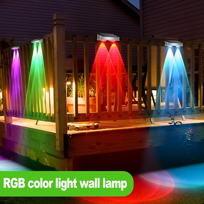 Juego de 2/4/8 luces solares para pared exterior de acero inoxidable, luces solares para exteriores, luces para pared con sensor crepuscular, luces solares para cercas, en modo luz cálida/blanca/RGB, para patios, barandales, jardines y paredes de porche