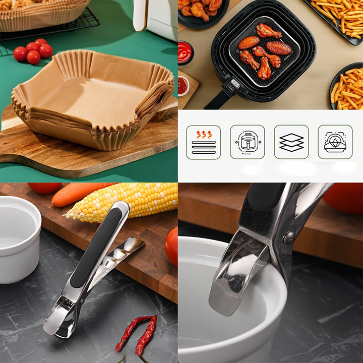 2 estantes cuadrados de acero inoxidable, 1 pinza resistente al calor y 50 hojas de papel pergamino para freidora con aire. Accesorio ideal para cocinar saludable en freidoras aéreas, compatible con varios modelos, perfecto para hornear y deshidratar, fá