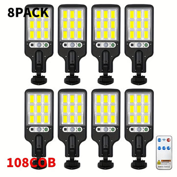 8 piezas Luces de jardín alimentadas por energía solar 108COB, aplique de pared, 3 modos, eficientes en energía, material de plástico, batería de litio, 1200mAh, con control remoto, función de sensor infrarrojo, montaje semi empotrado, desmontable, con h