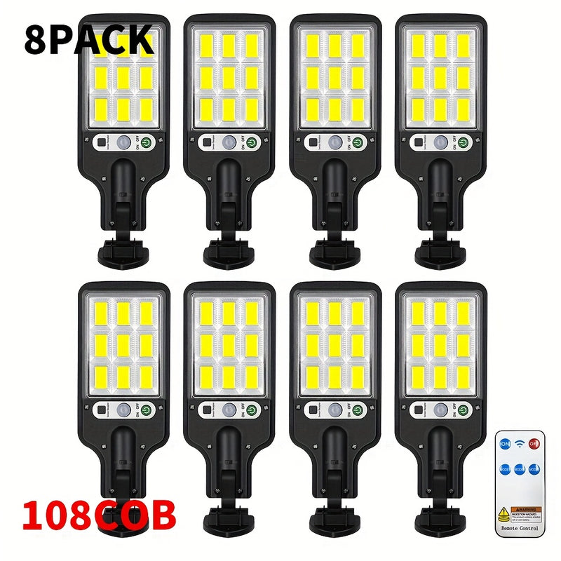 8 piezas Luces de jardín alimentadas por energía solar 108COB, aplique de pared, 3 modos, eficientes en energía, material de plástico, batería de litio, 1200mAh, con control remoto, función de sensor infrarrojo, montaje semi empotrado, desmontable, con h