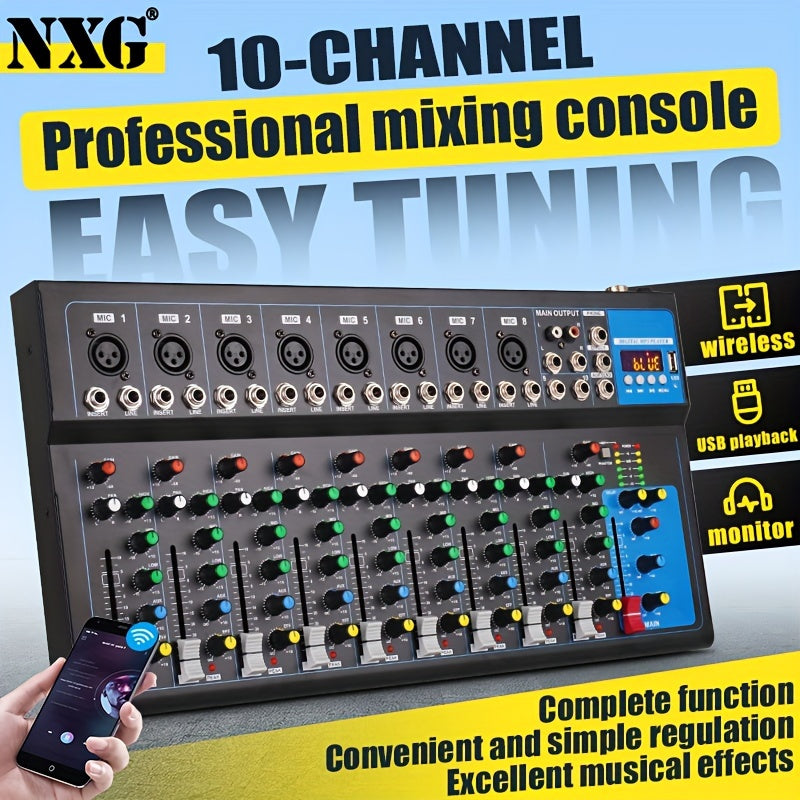 Consola de mezcla profesional NXG de 10 canales con reproducción USB, construcción de aleación, fuente de alimentación operada 110-130V, enchufe estadounidense, mezclador de DJ para presentaciones en escenarios con 99 efectos de reverberación incorporado