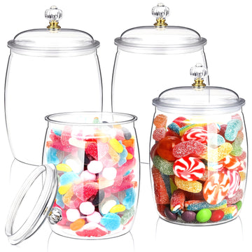 Juego de 4 Tarros para Dulces y Galletas con Tapas, Tarro Plástico Decorativo para Medicinas, Contenedor Auto-Servicio para Dulces, Tarro Sellado Transparente para Almacenamiento de Alimentos, Decoración del Hogar