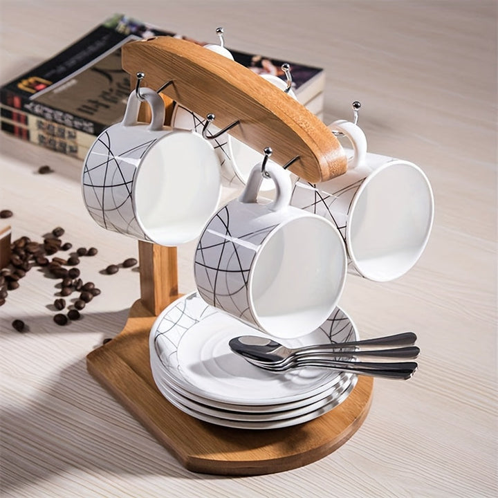 Elegante soporte de tazas y vasos de bambú con diseño floral - Organizador de cocina de madera elegante para tazas, platos y utensilios, organizadores y almacenamiento de cocina