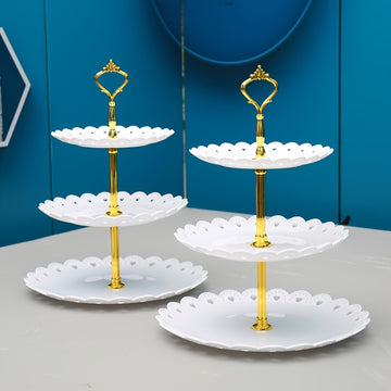 2 piezas de Expositores de Postres de Plástico de Estilo Europeo de 3 Niveles, Bandejas de Servicio de Pasteles y Repostería Seguras para Alimentos con Bordes Festoneados para Bodas, Cumpleaños, Fiestas de Té y Reuniones Festivas - Decoraciones Elegantes