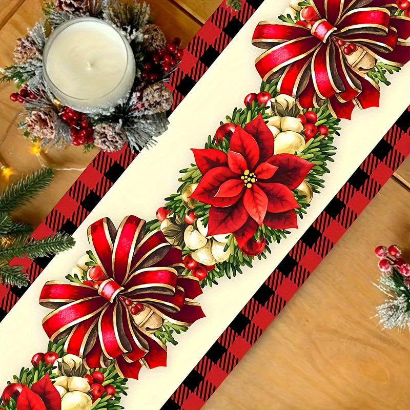 Mantel de mesa floral navideño - Bandera de mesa rectangular tejida de poliéster con diseño de cuadros rojos y negros, decoración de mesa navideña para comedor, café, cocina y decoración de fiestas - 1 pieza