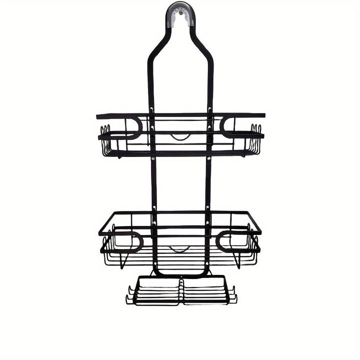 Organizador de Baño Colgante Ajustable de 3 Niveles en Negro con Ventosas - Sin Taladro, con Ganchos y Plato para Jabón, Soporte de Ducha, Cesta